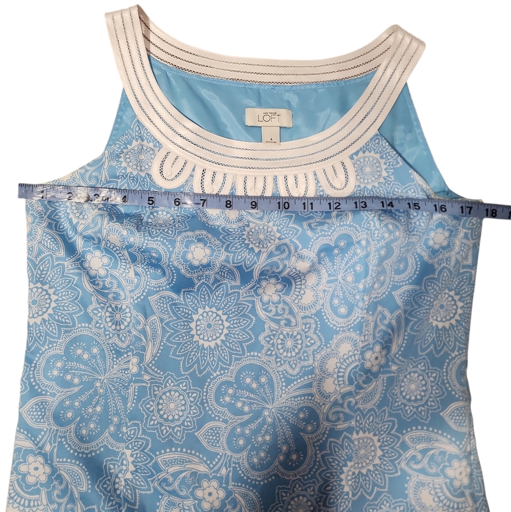 Ann Taylor Loft Blue Paisley Floral Sleeveless Short Embroidered Shift Dress. 4 - Picture 10 of 14